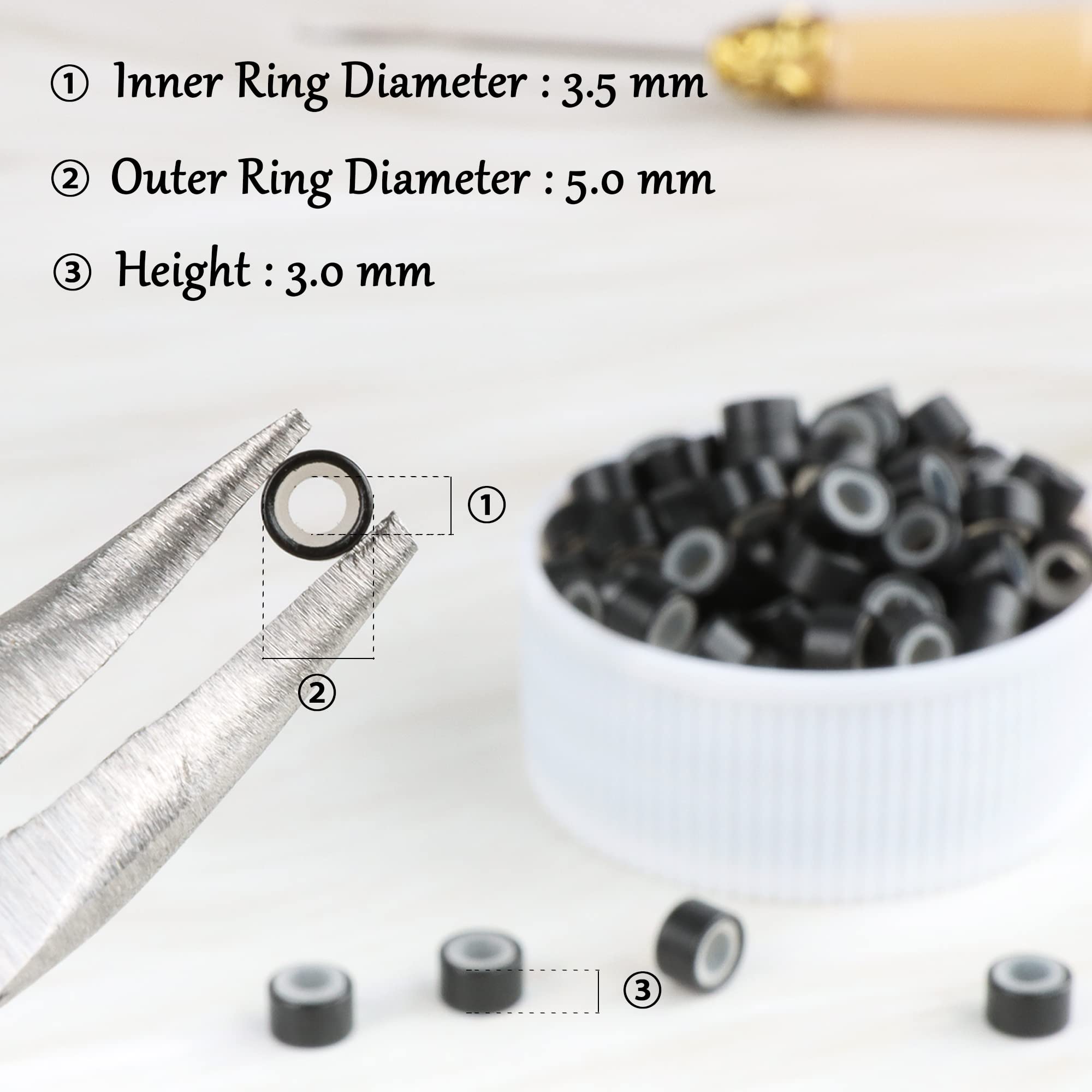 NIACONN micro link rings for hair extension displayed alongside professional installation tools for salon use