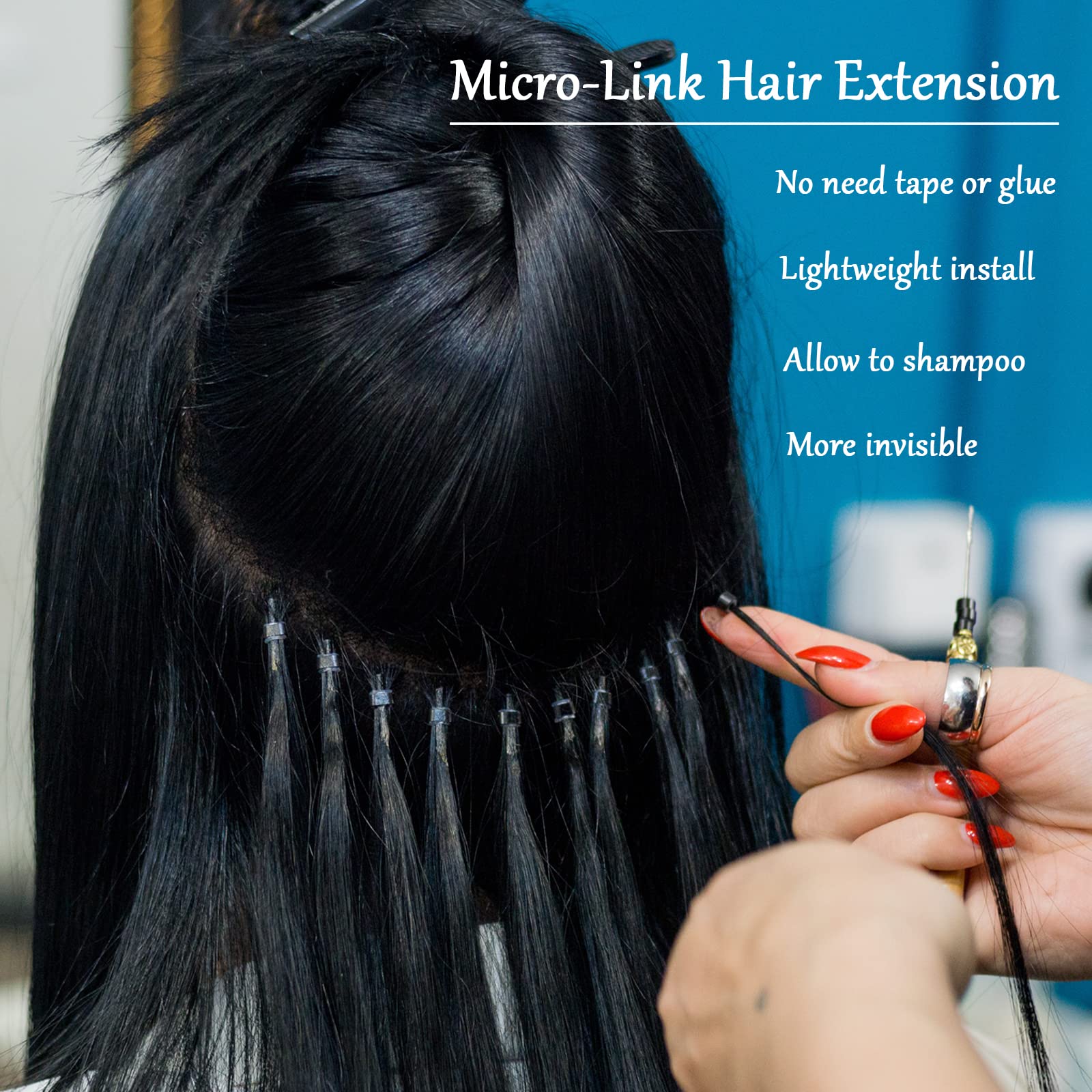 Demonstration of black silicone lined beads being used to install I tip hair extensions and tinsel securely