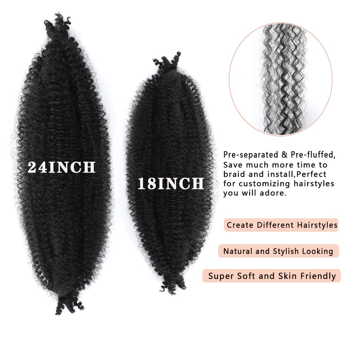 Close up of 1B natural black pre-separated crochet hair texture