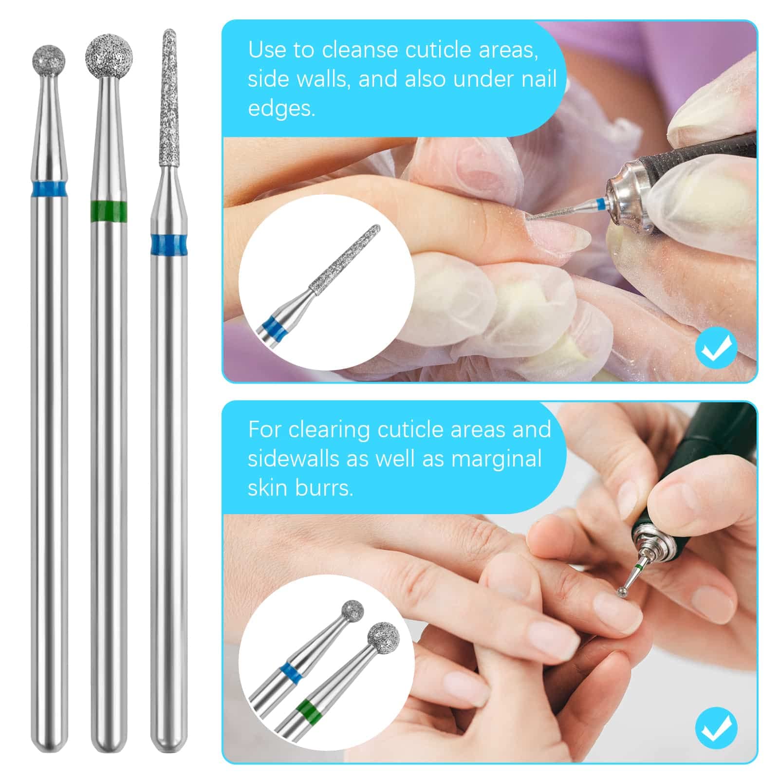 Close up view of the needle and ball shaped diamond nail file bits