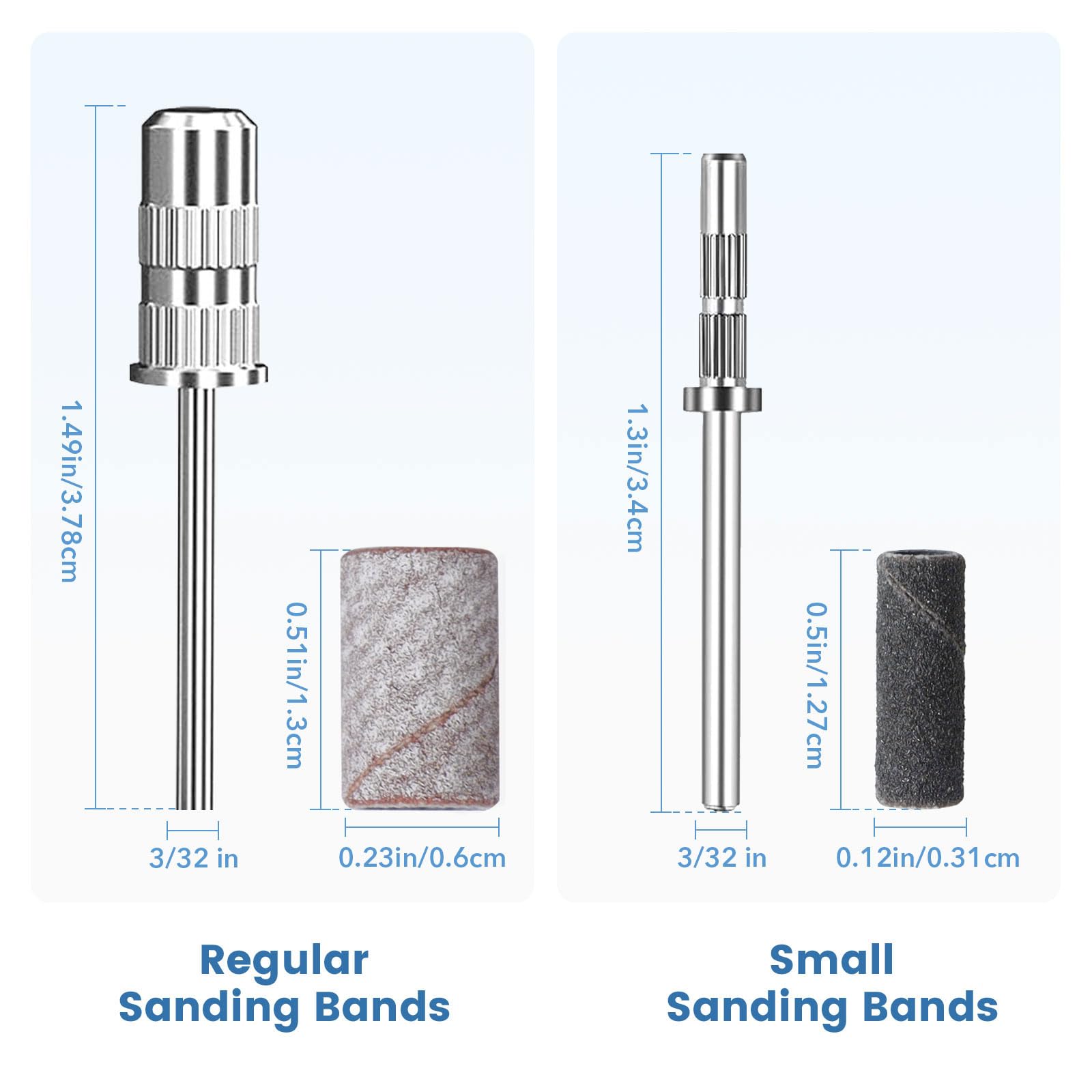 Electric e-file nail machine handpiece equipped with a 3/32 inch mandrel bit and zebra sanding band