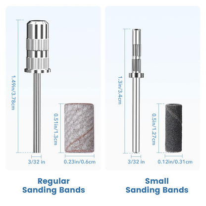 Electric e-file nail machine handpiece equipped with a 3/32 inch mandrel bit and zebra sanding band