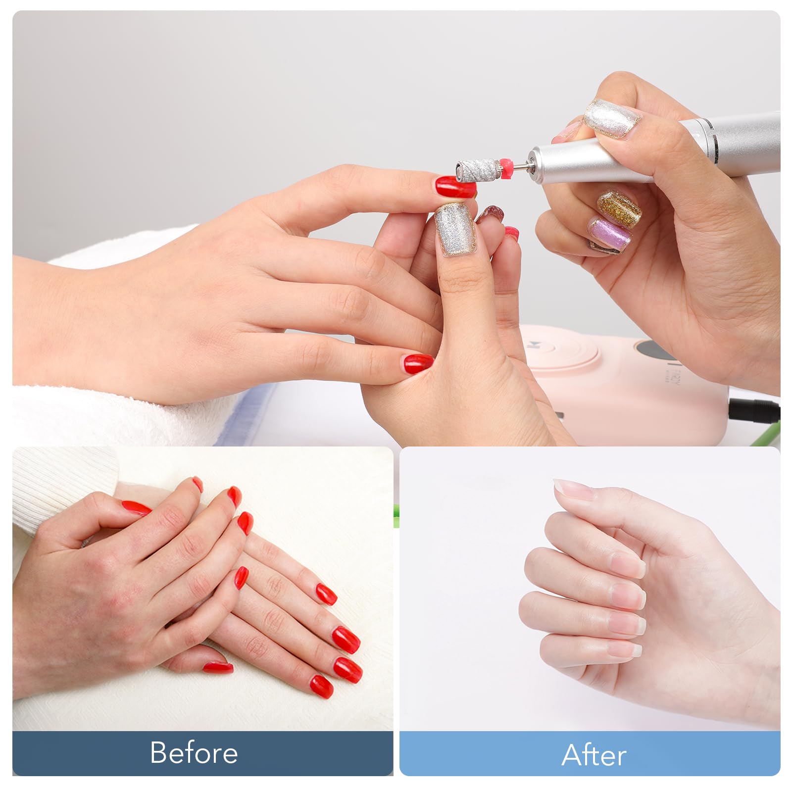 Professional manicurist using disposable sanding bands for gel nail prep