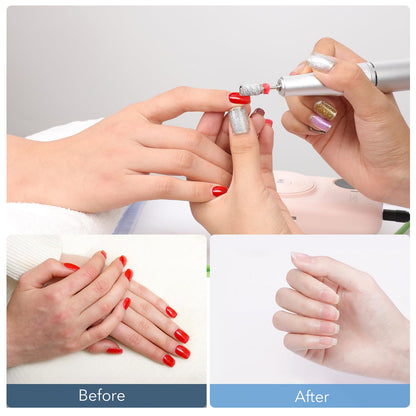 Professional manicurist using disposable sanding bands for gel nail prep