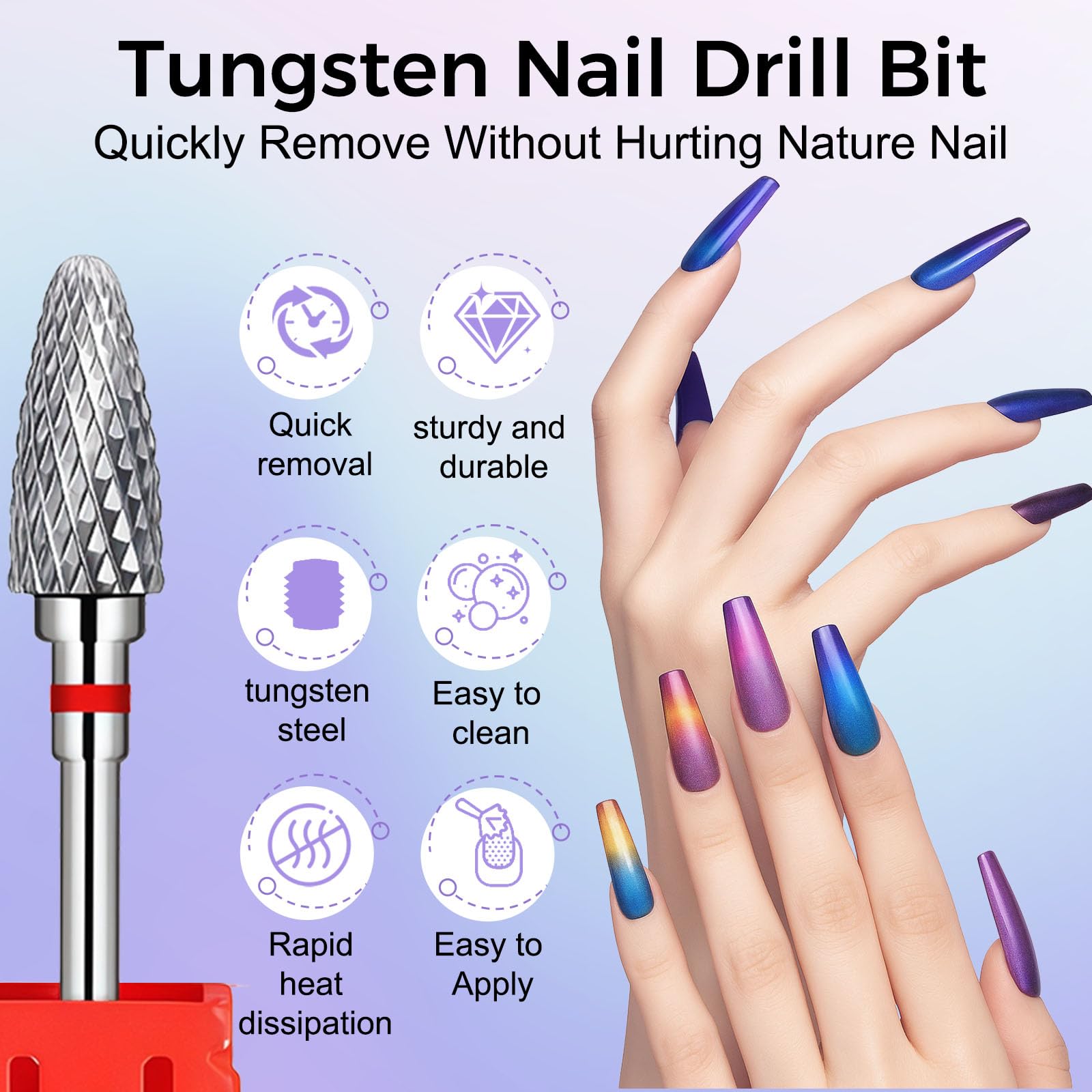 Silver professional cone tungsten drill bit for acrylic removal next to its compact storage box.