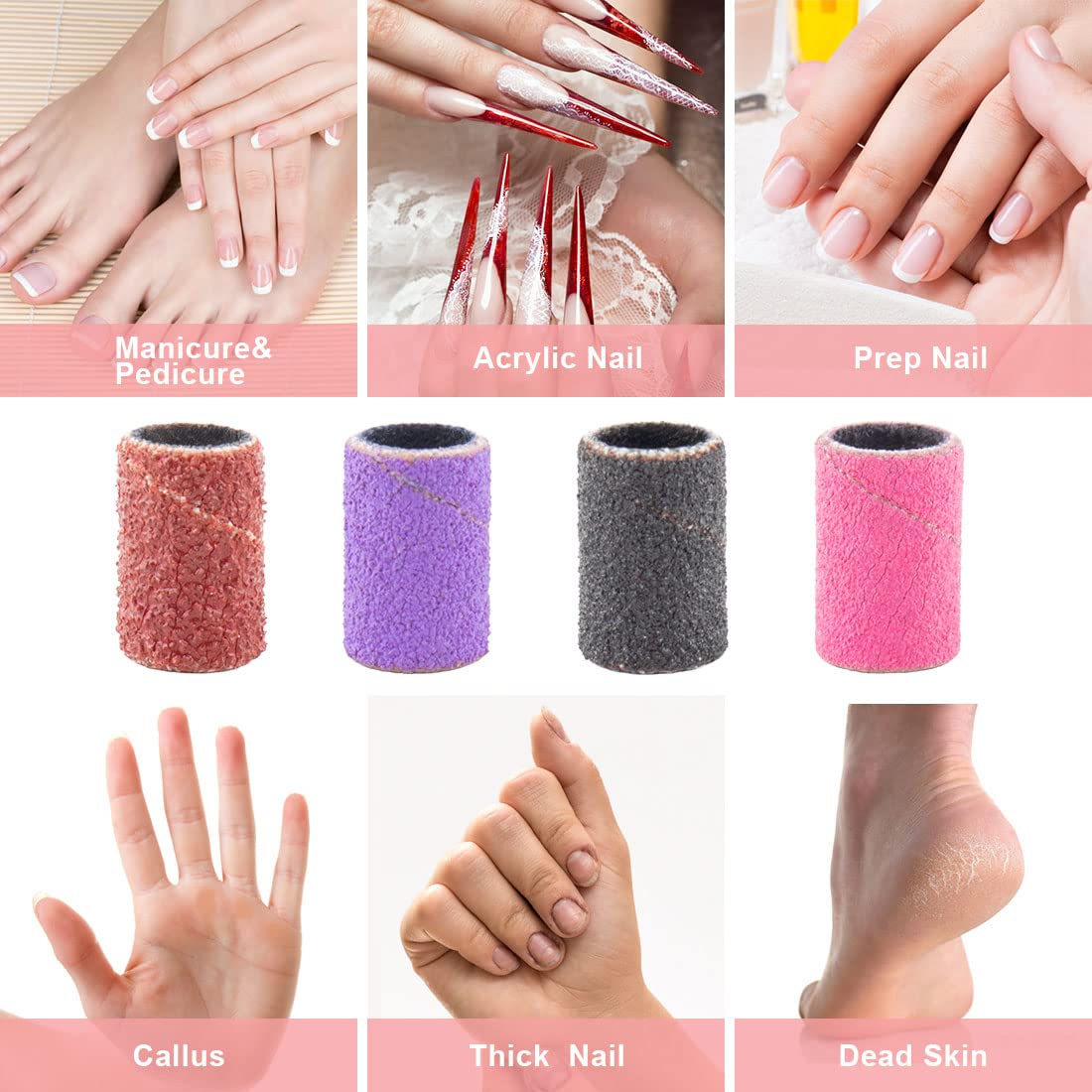Portable container organizing two hundred forty pieces of multicolor professional sanding belts for acrylic nails.