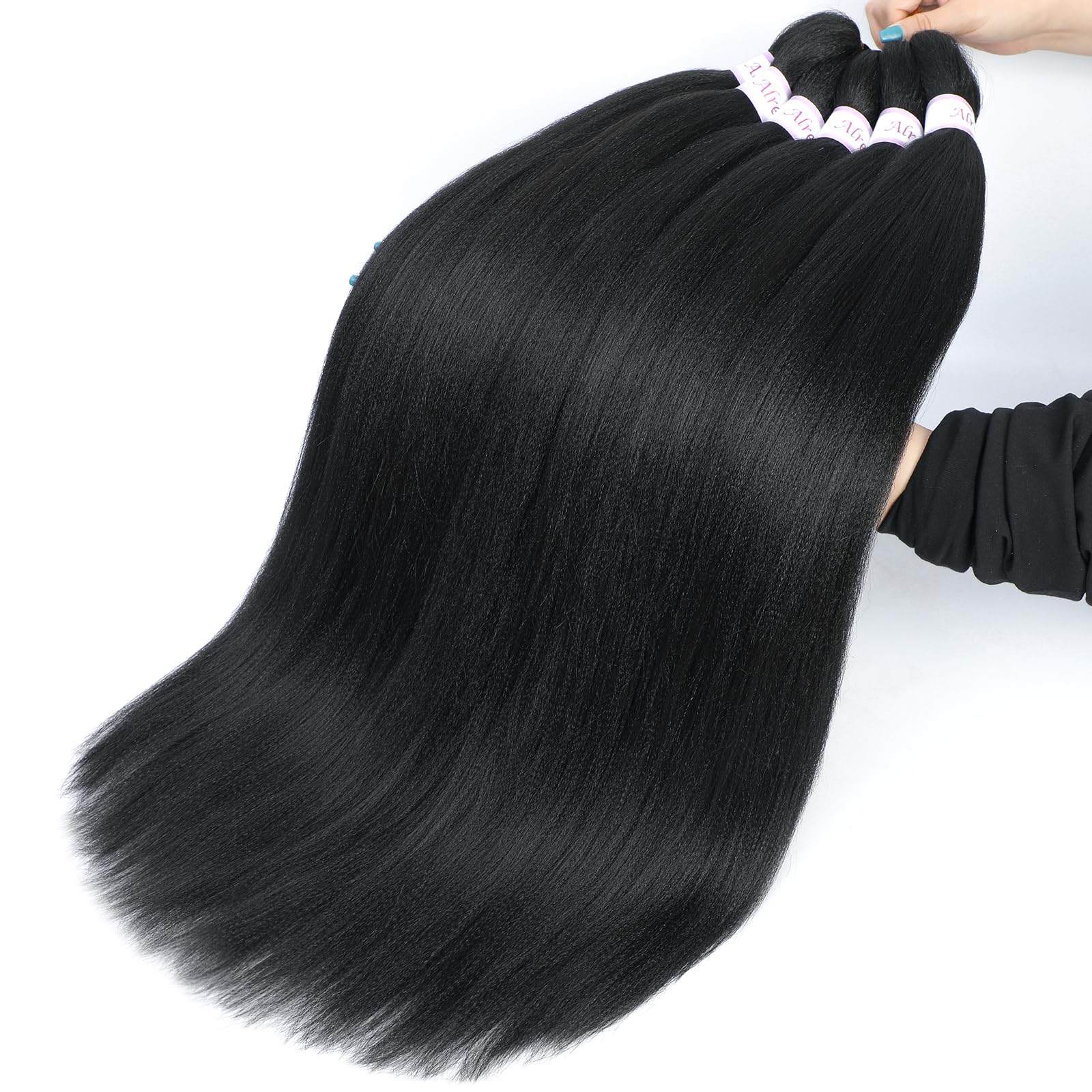 Alrence long braid extensions showing the pre stretched tapered ends for easy crochet styling.