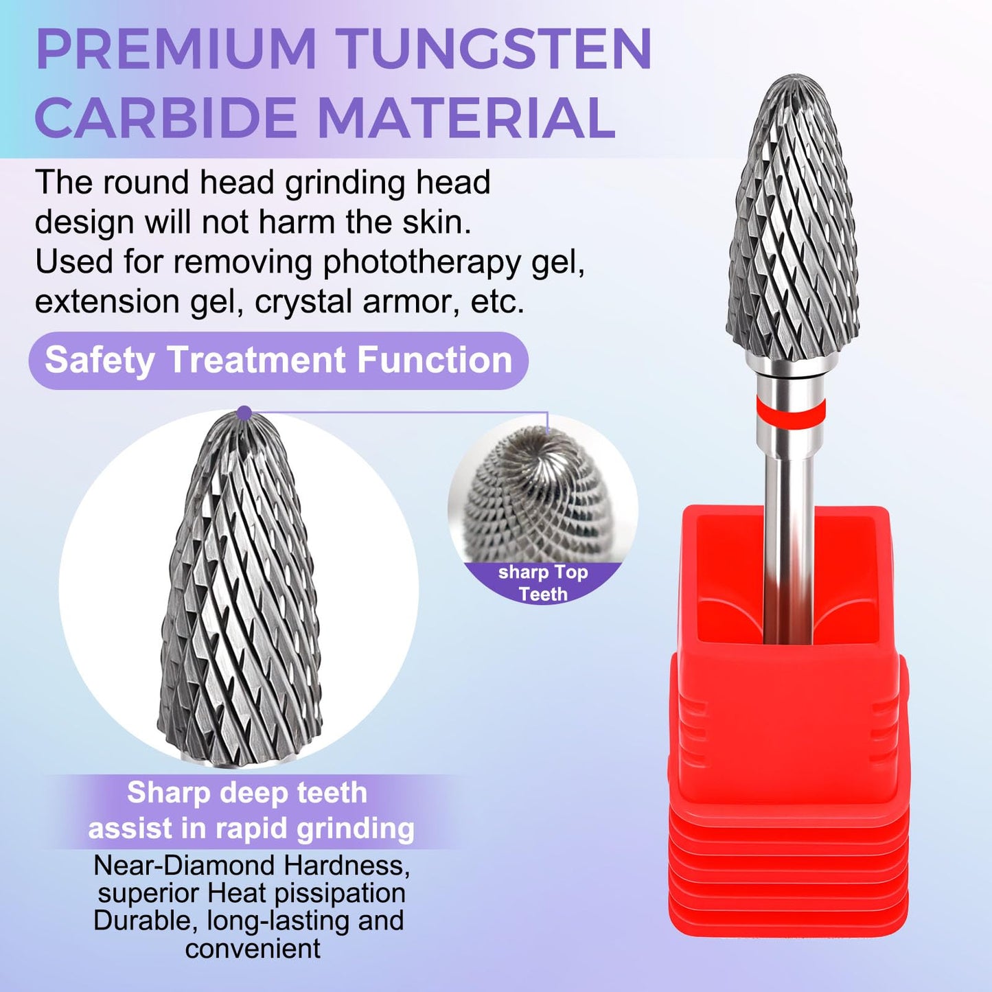 Professional salon grade carbide nail drill bit engineered to reduce dust during hard gel removal.