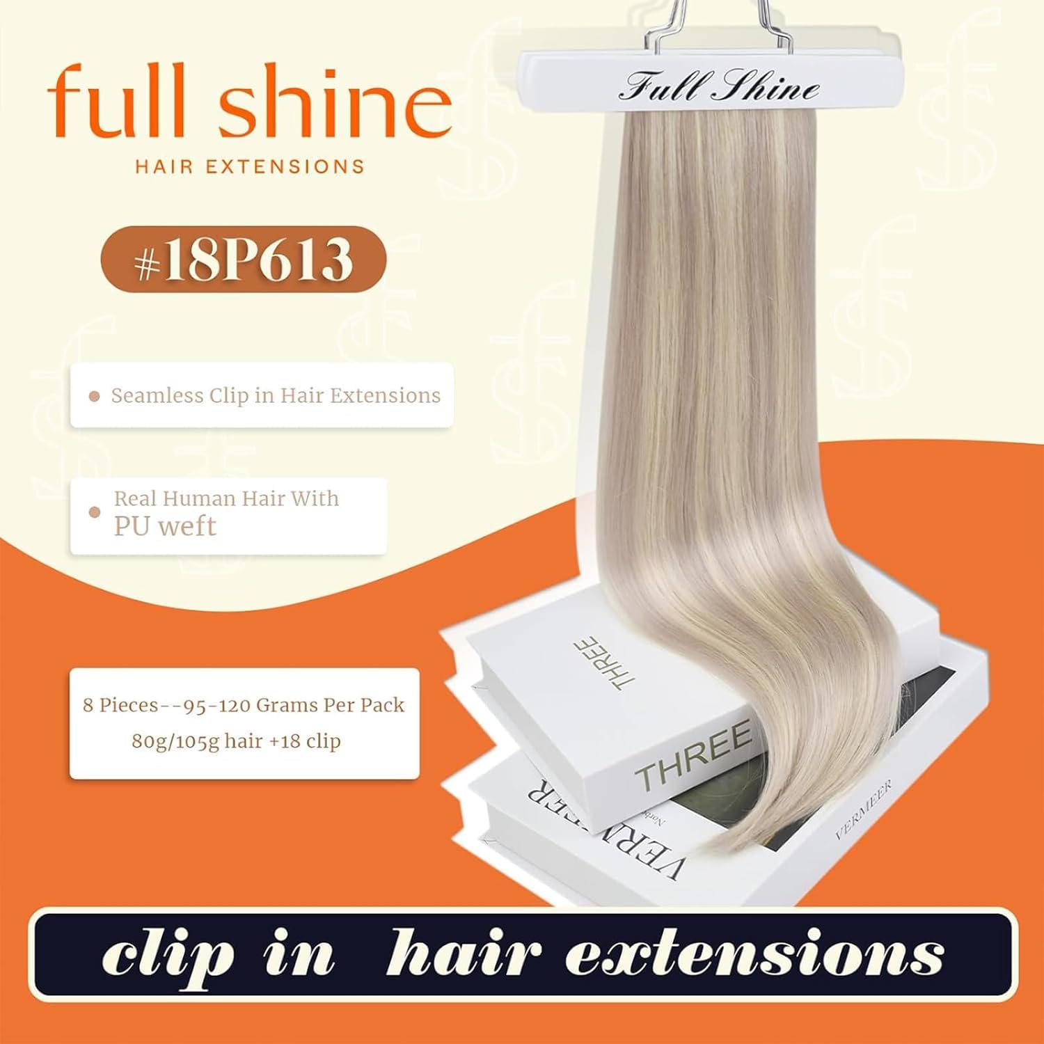 Full Shine ash blonde highlight clip on hair extensions polyurethane weft detail
