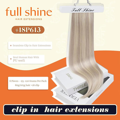 Full Shine ash blonde highlight clip on hair extensions polyurethane weft detail