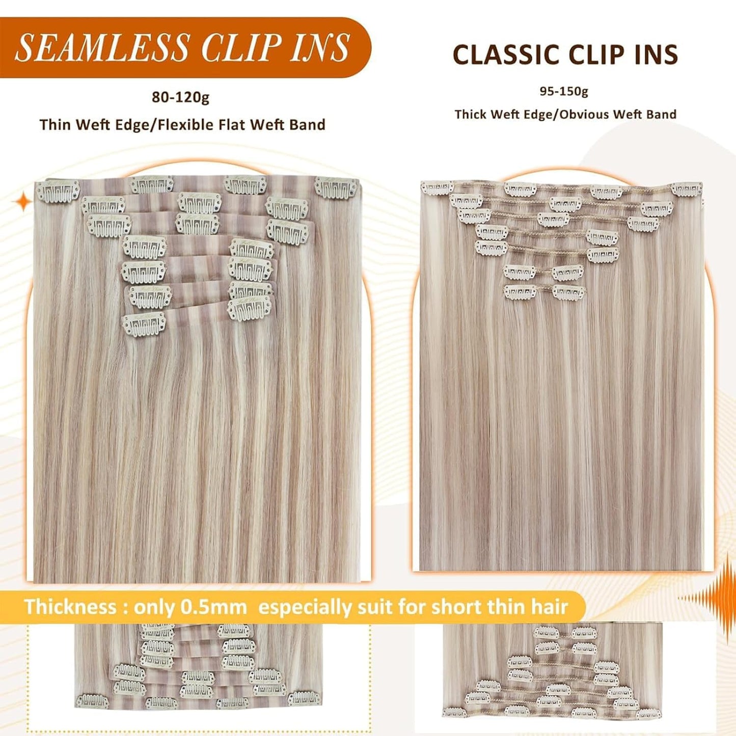 Full Shine 18 inch blonde human hair extensions premium metal clips view