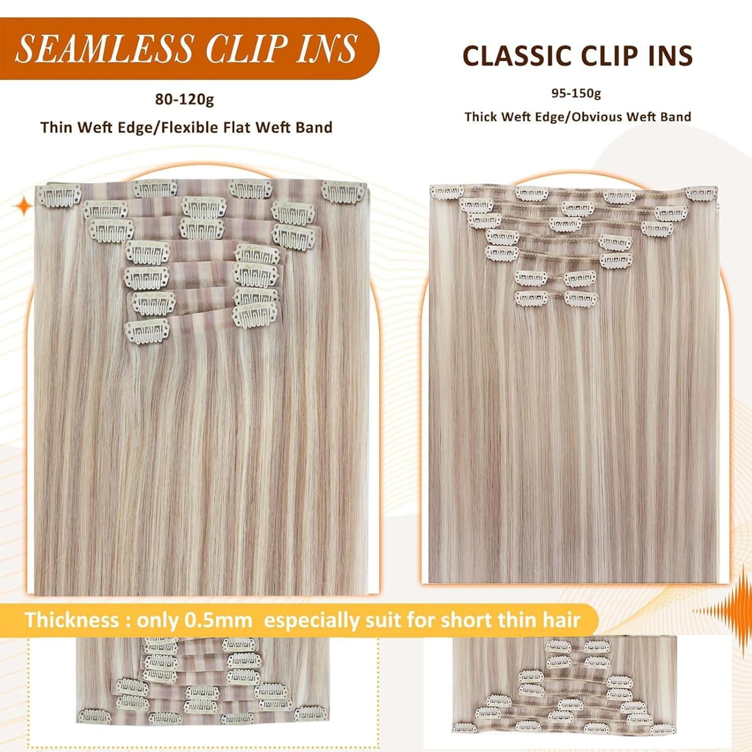 Full Shine 18 inch blonde human hair extensions premium metal clips view