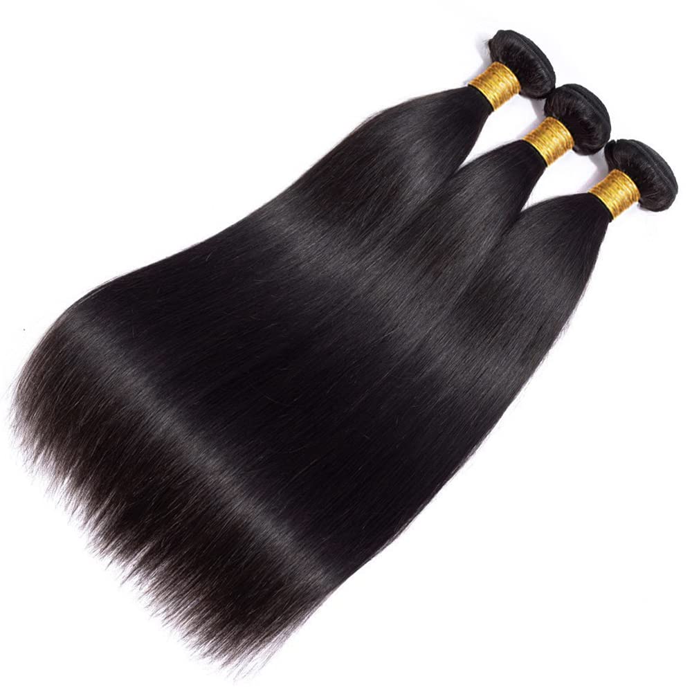 Three pieces of unprocessed virgin straight human hair weave extensions in 18, 20, and 22 inches.