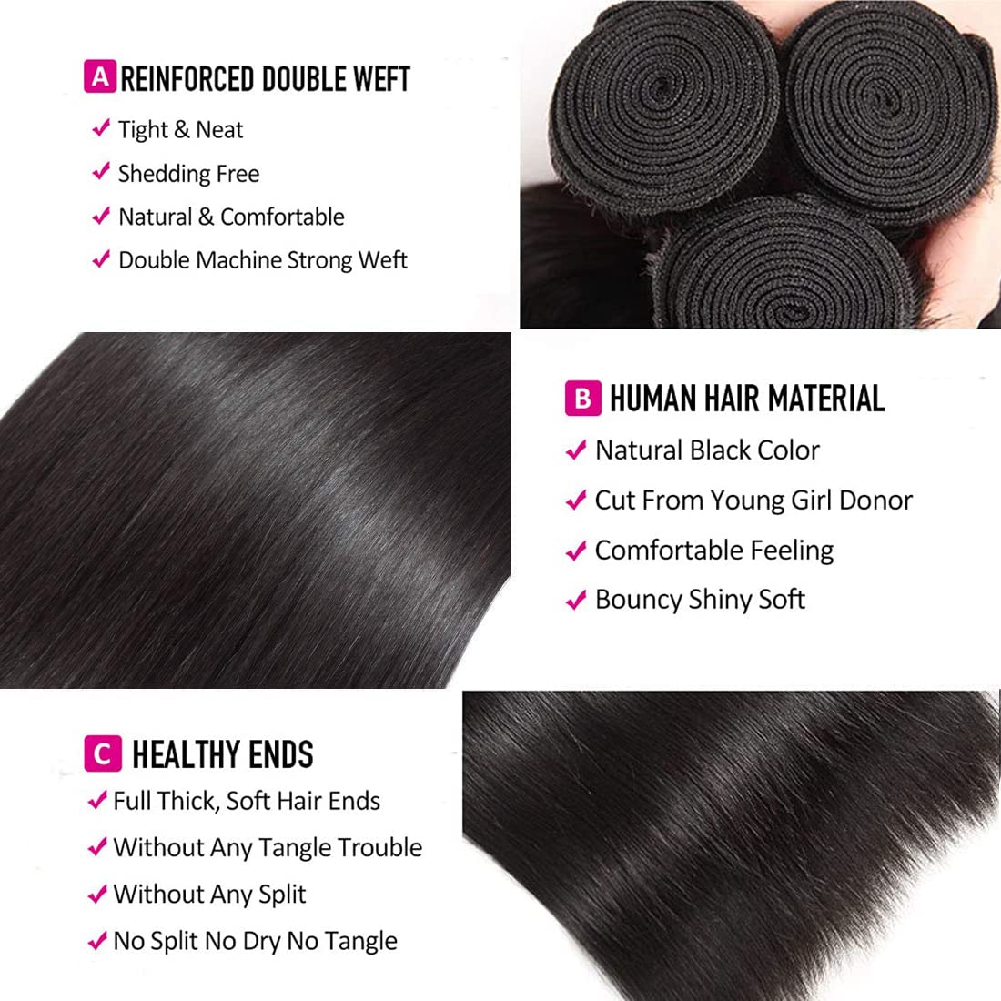 Close up of the healthy, aligned cuticles on premium grade 10A straight hair bundles.