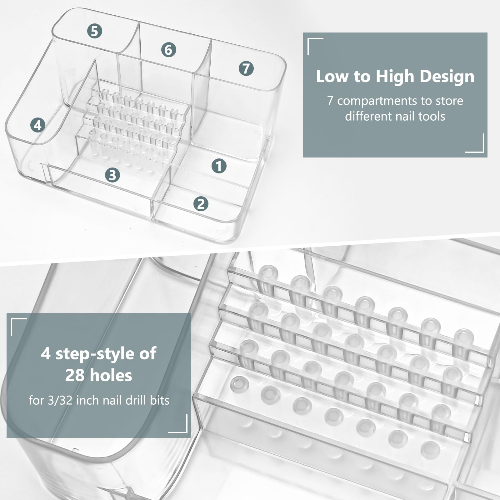 Side angle of transparent acrylic nail organizer showcasing the 4-step tiered design for drill bit placement.