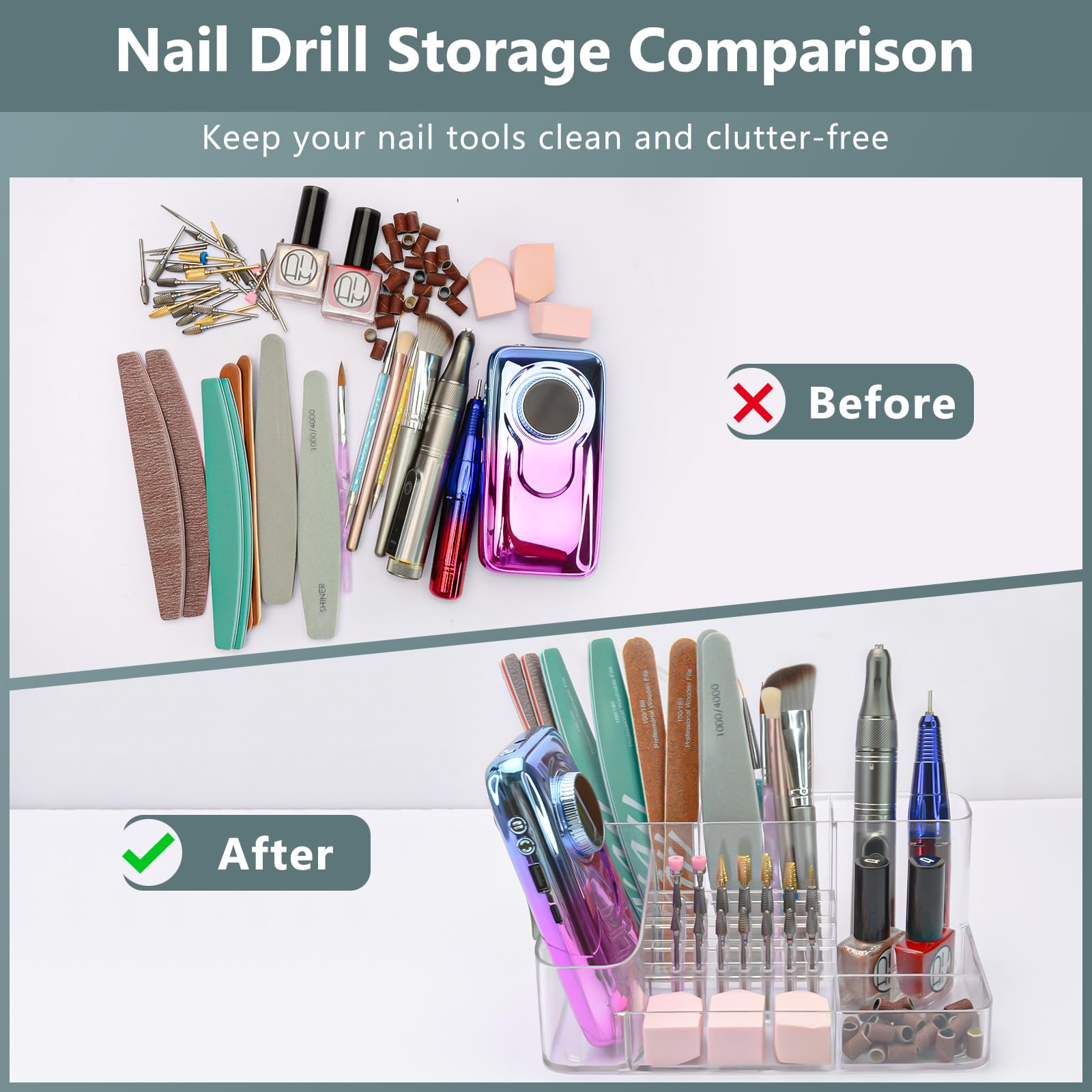 Top down look at the 7 storage compartments designed for holding a nail drill machine and manicure accessories.