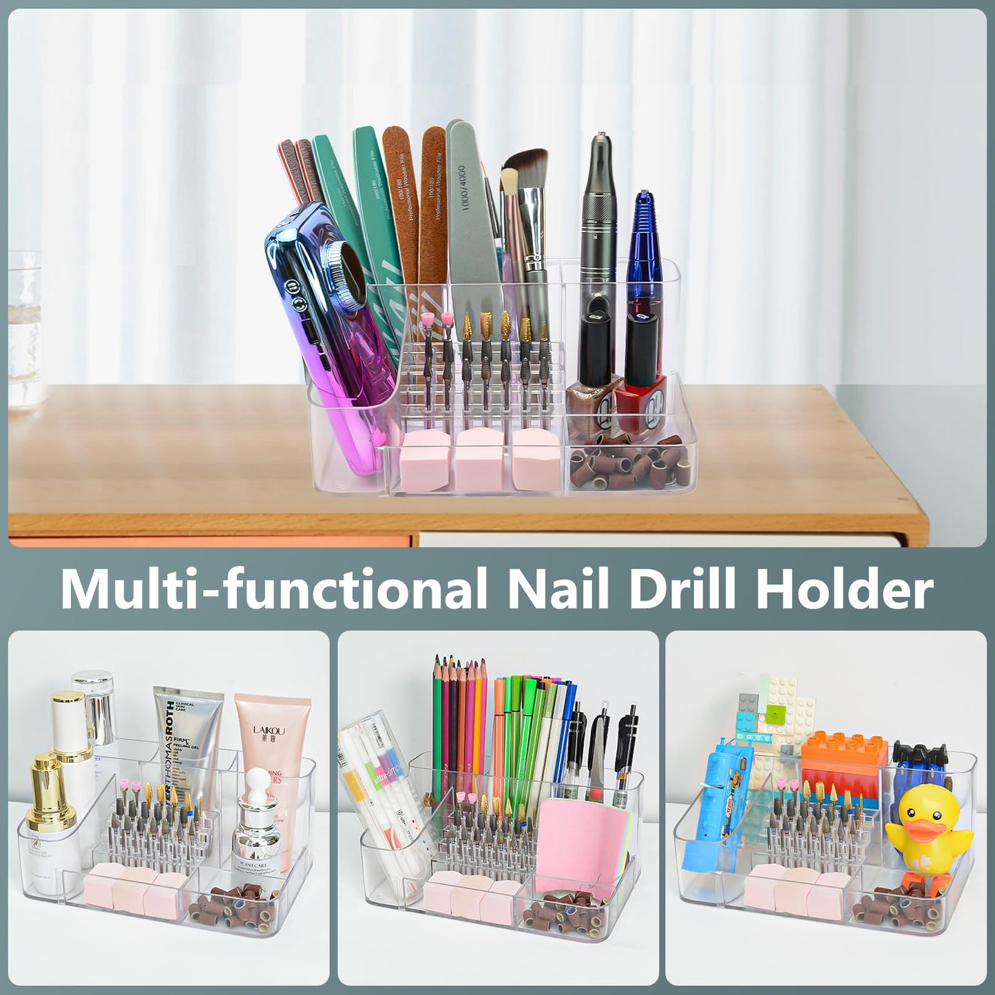Thickened clear plastic nail tool holder showing durable scratch resistant base and lightweight structure.