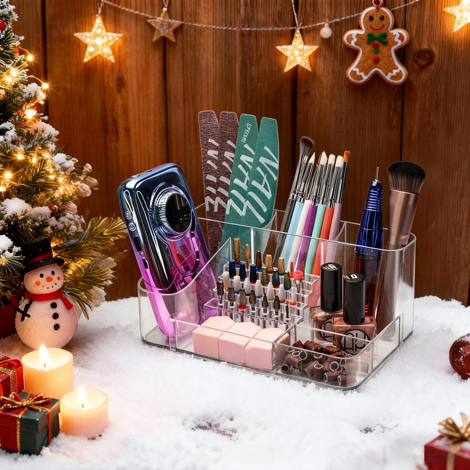 Close up of the polished edges on the multi-functional 28 hole cosmetic display stand for nail technicians.
