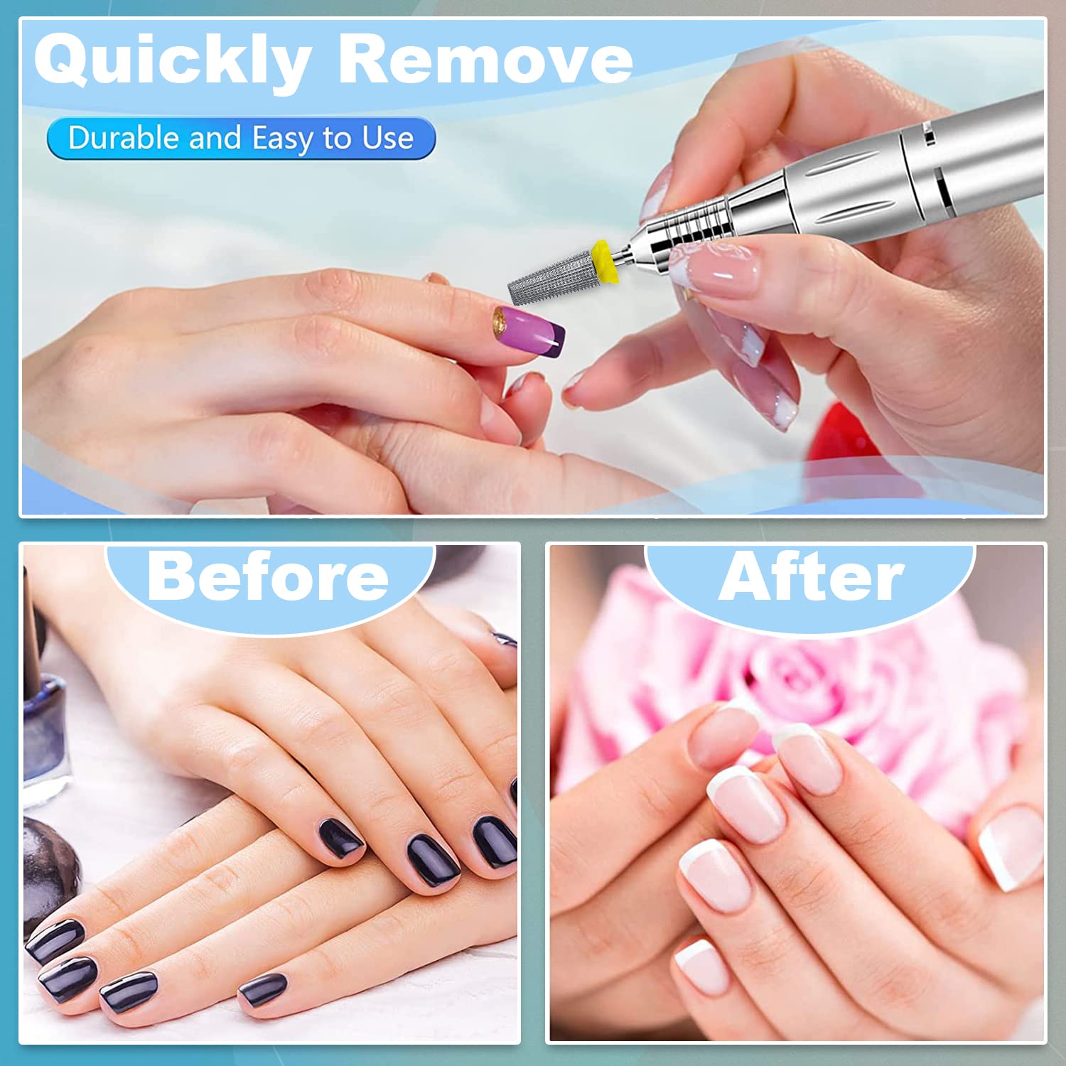Depvko silver carbide nail bits with color coded bands next to a cleaning brush.
