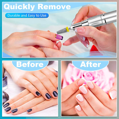 Depvko silver carbide nail bits with color coded bands next to a cleaning brush.