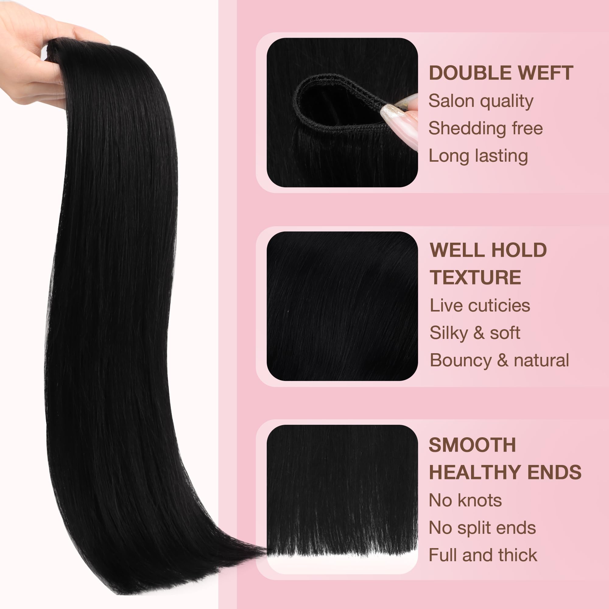 Silky straight jet black human hair extensions being gently brushed for styling preparation.
