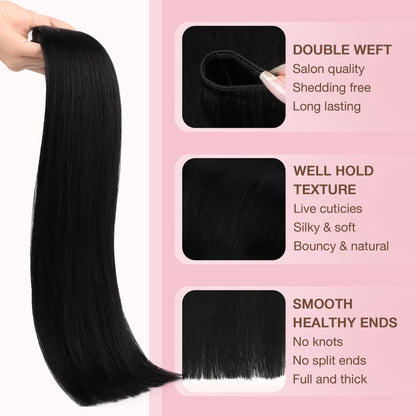 Silky straight jet black human hair extensions being gently brushed for styling preparation.
