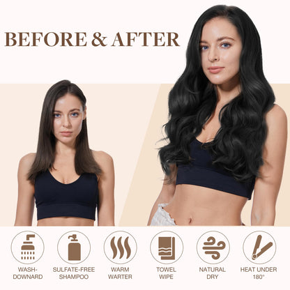 Side angle view of the jet black straight remy hair extensions highlighting thickness.