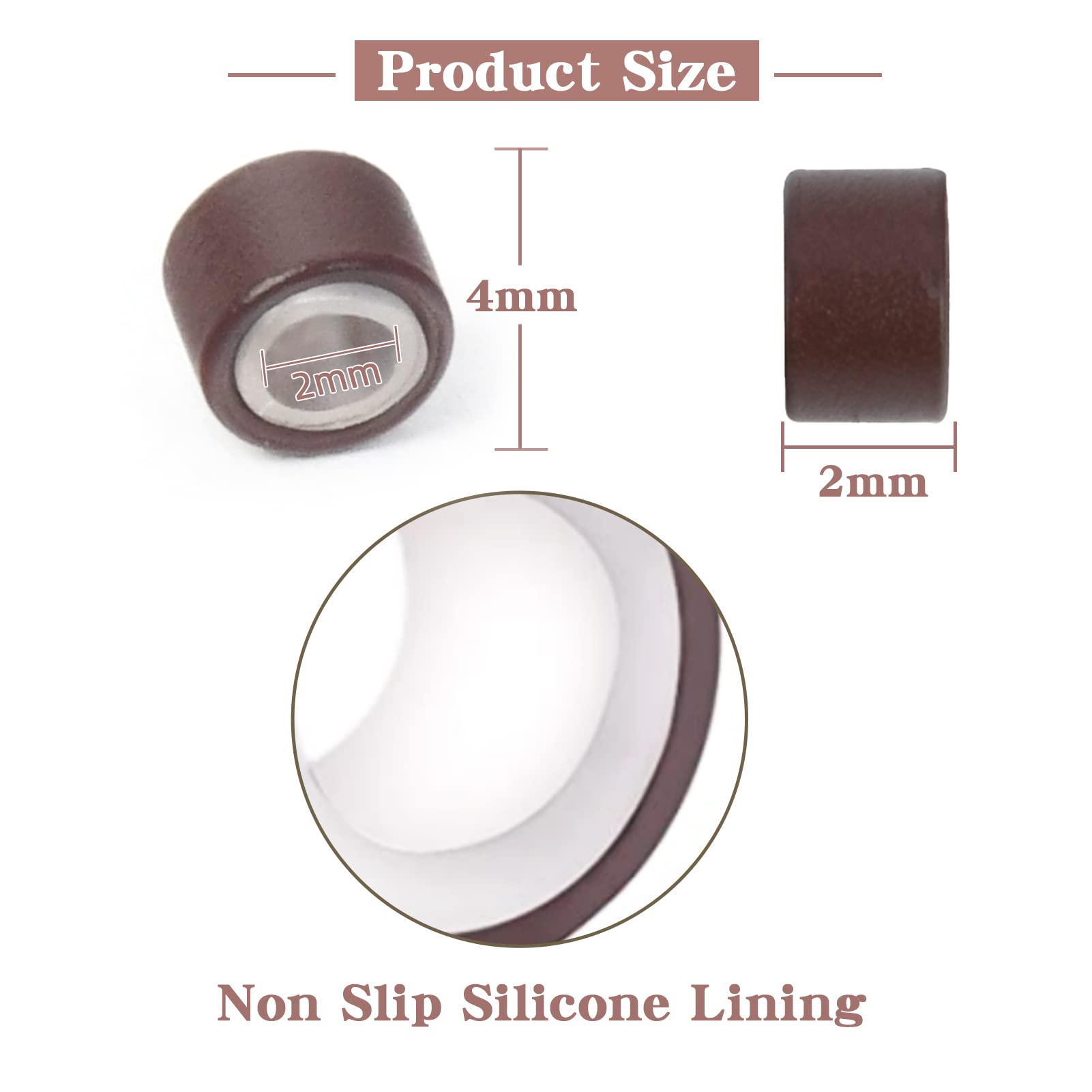 Close up of 4mm brown silicone lined hair extension beads showing aluminum exterior and inner lining