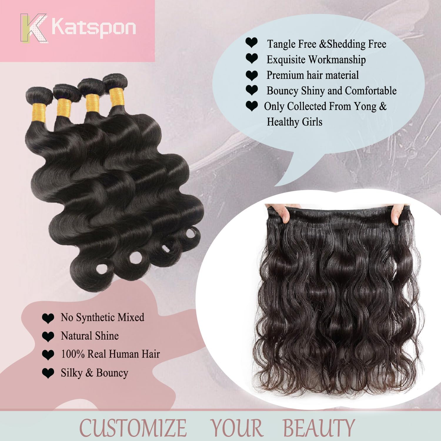 Four pieces of unprocessed Brazilian virgin hair extensions in varying lengths