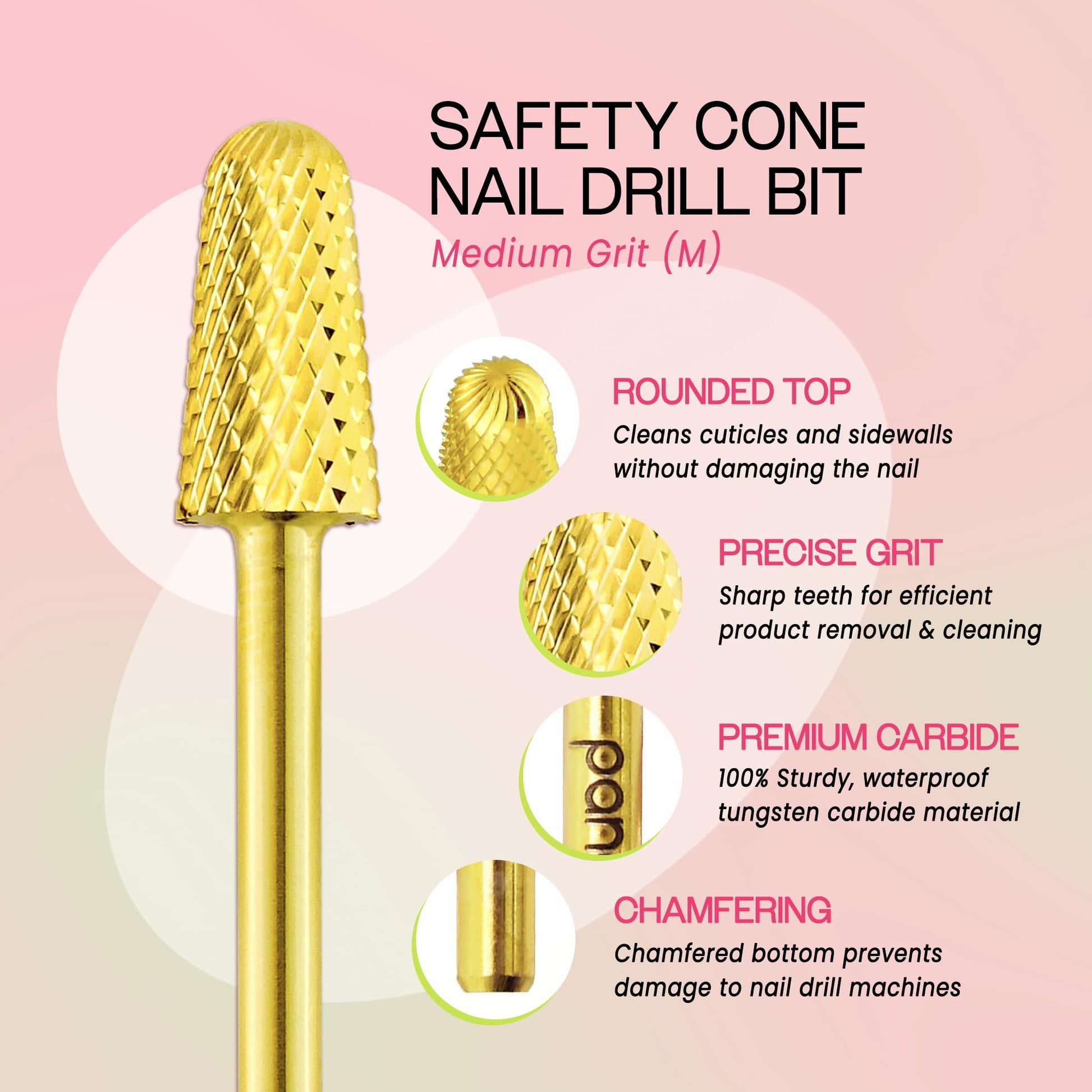 Close up of Pana flame shaped nail drill bit safety tip