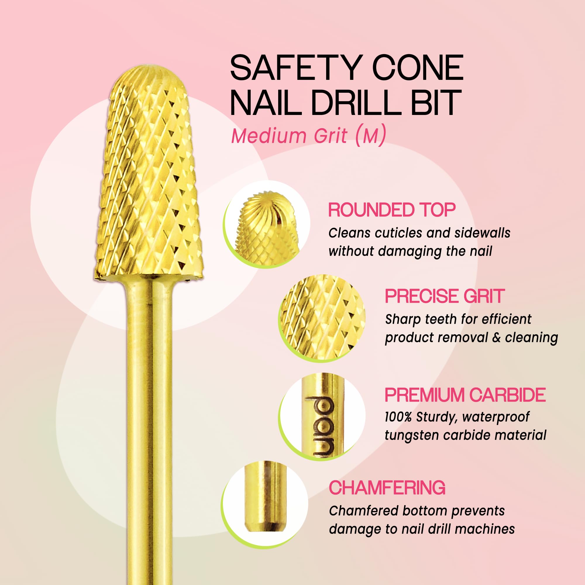 Close up of Pana flame shaped nail drill bit safety tip