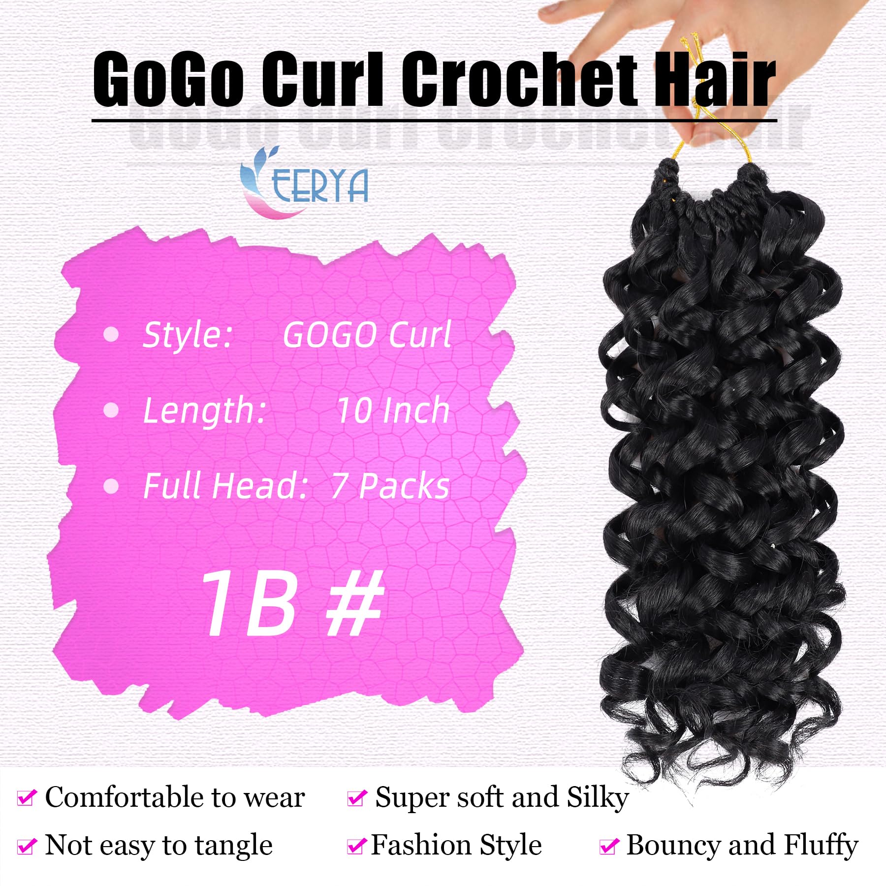 Seven packs of EERYA 1B Black short curly crochet hair extensions laid out with installation accessories.
