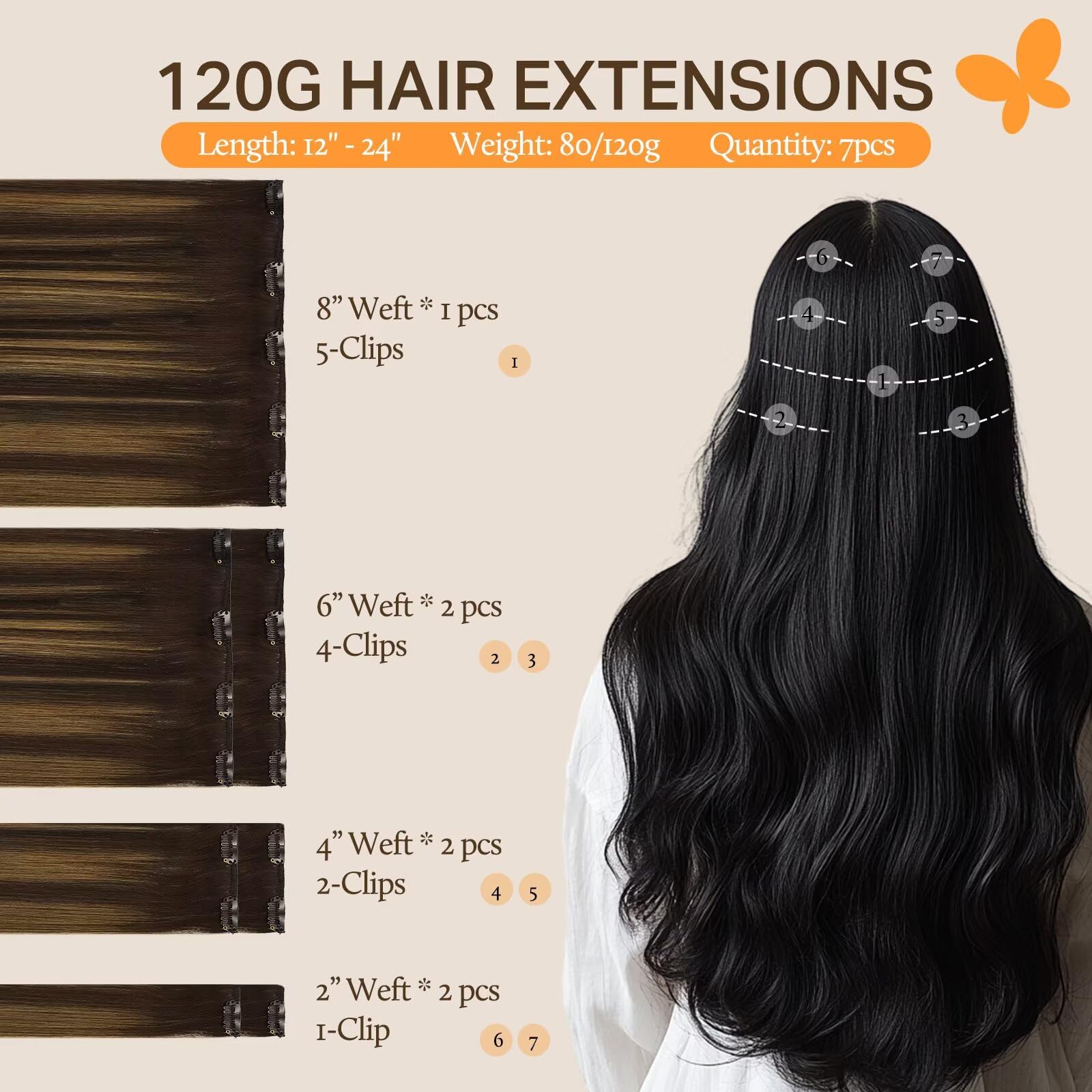 DOORES premium 18 inch remy hair extensions laid flat displaying the seven piece weft configuration.