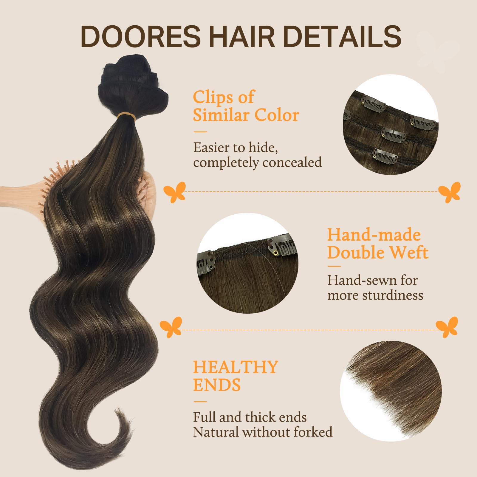 Close up view of the silicone backed stainless steel clips on DOORES human hair extensions.