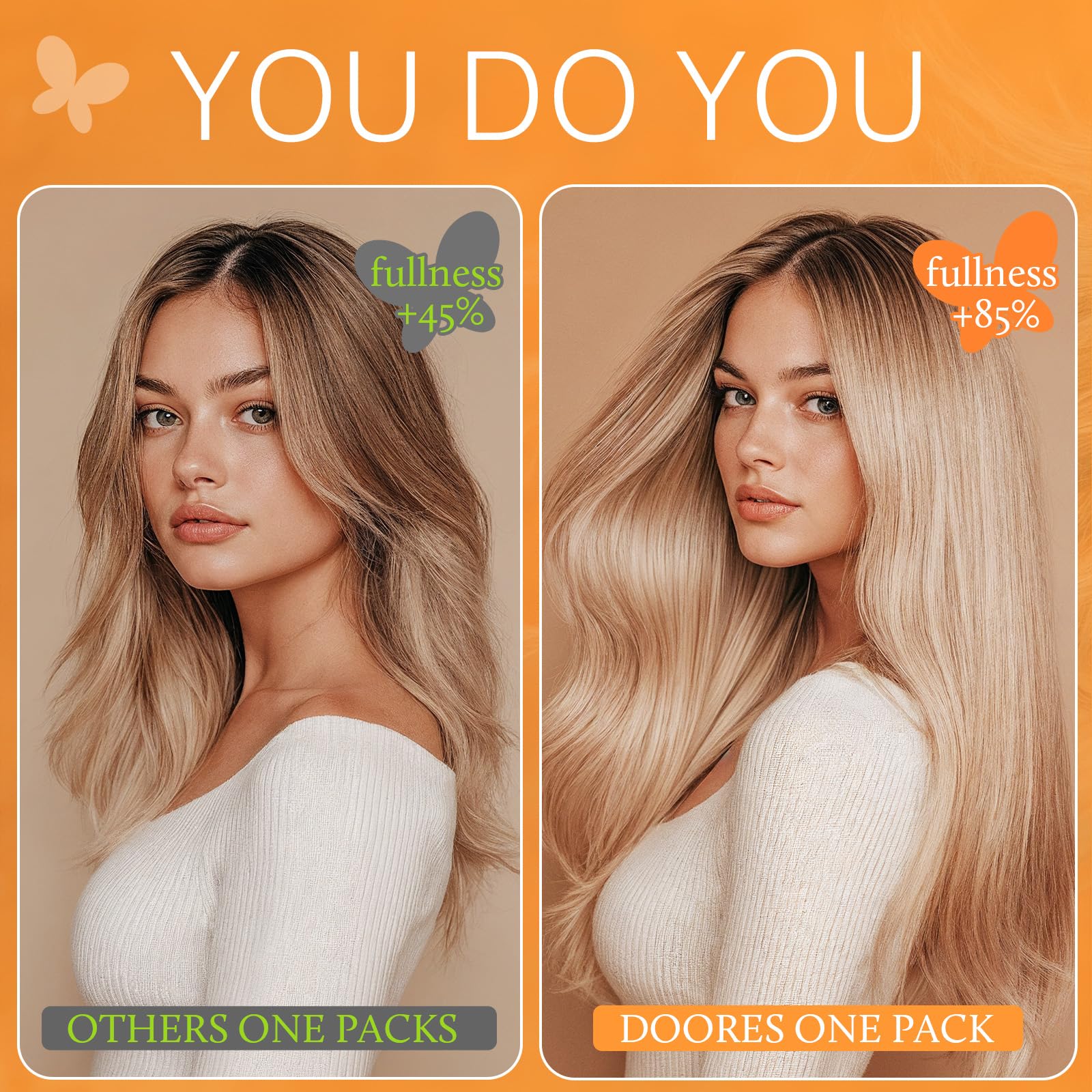 Side view of DOORES clip in hair extensions blending with natural brown hair.