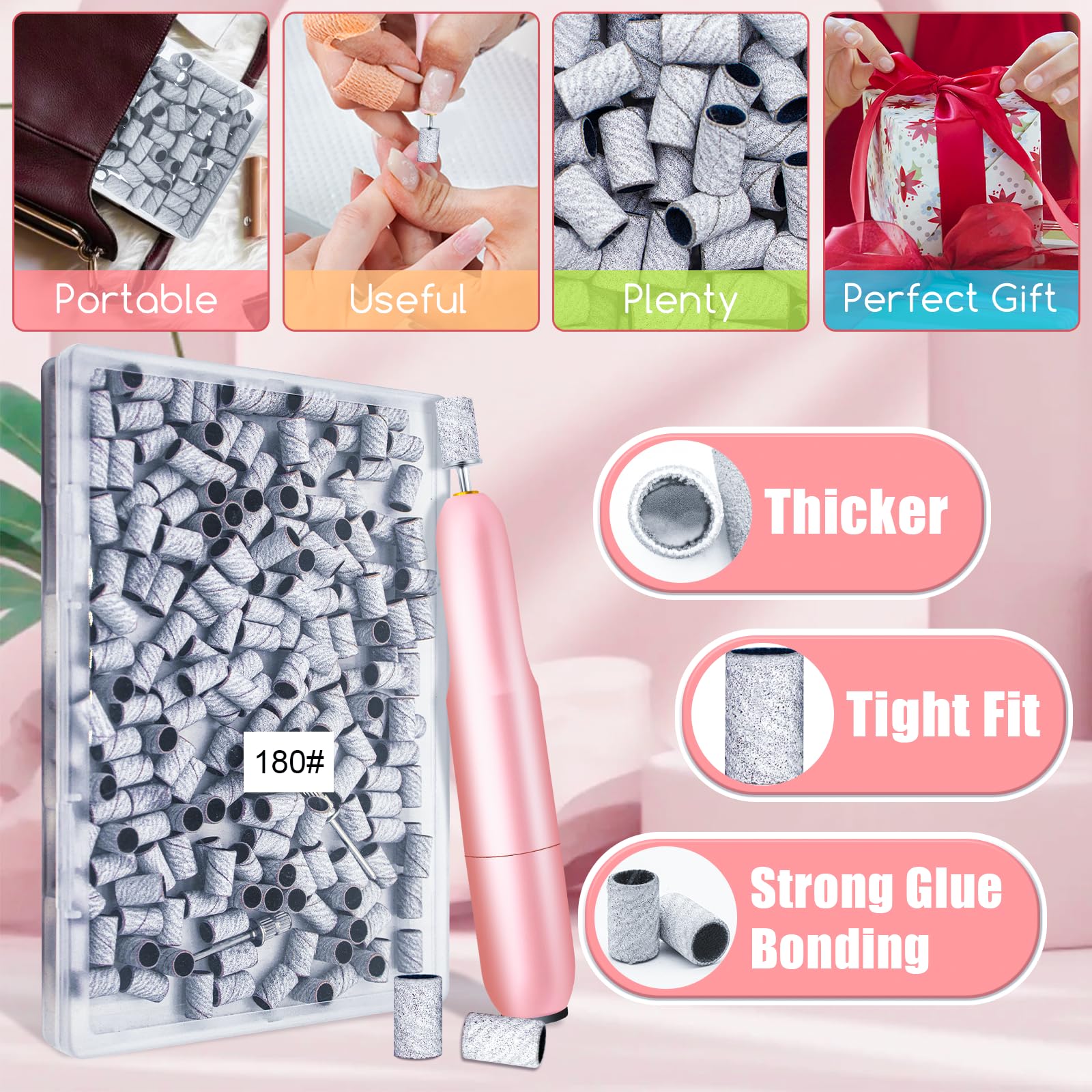 The complete 200 pieces nail sanding band kit laid out to display the organized layout inside the clear plastic travel case.