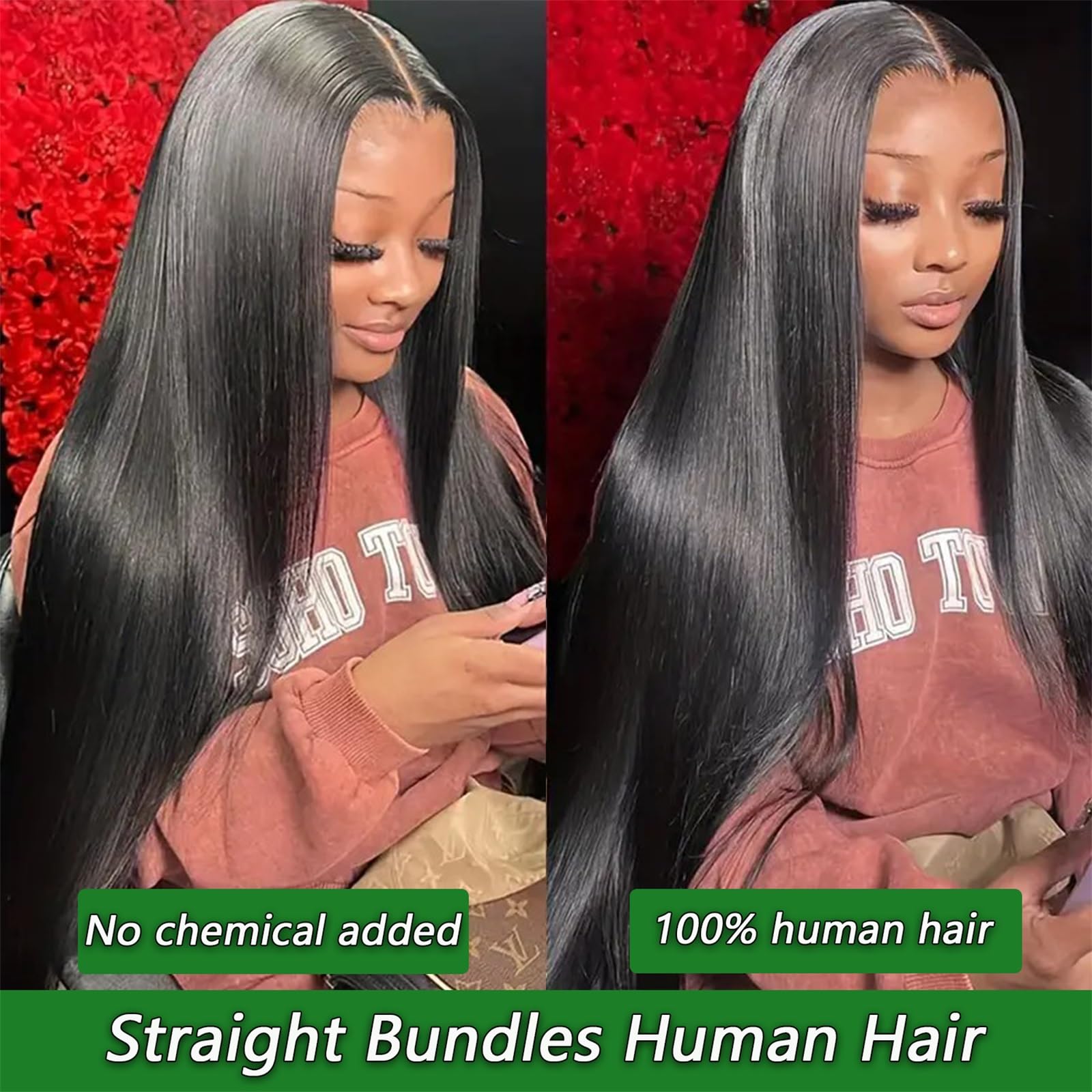 Close up view of double machine weft construction on straight human hair