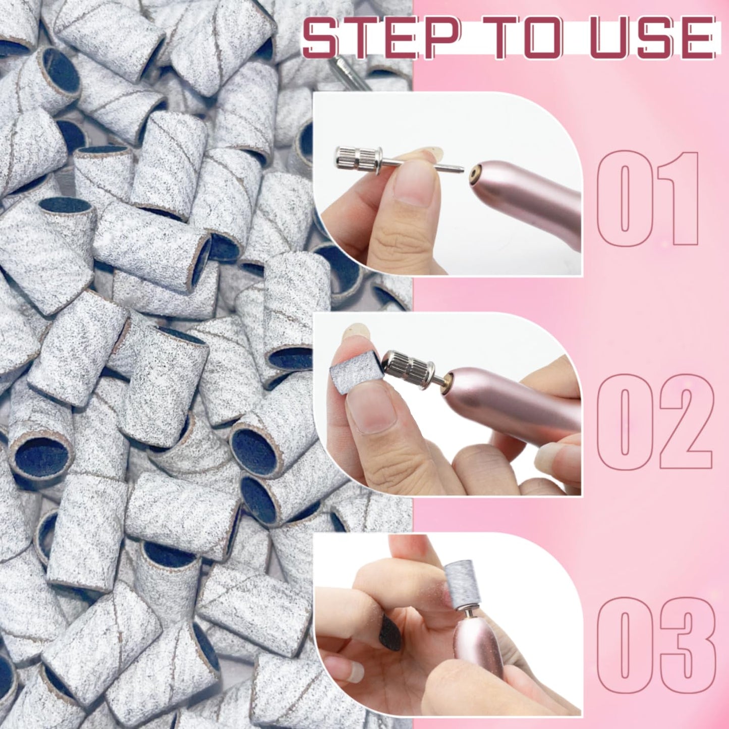 Side view of the professional e-file sanding bands demonstrating the universal fit on a standard electronic nail file machine tool.