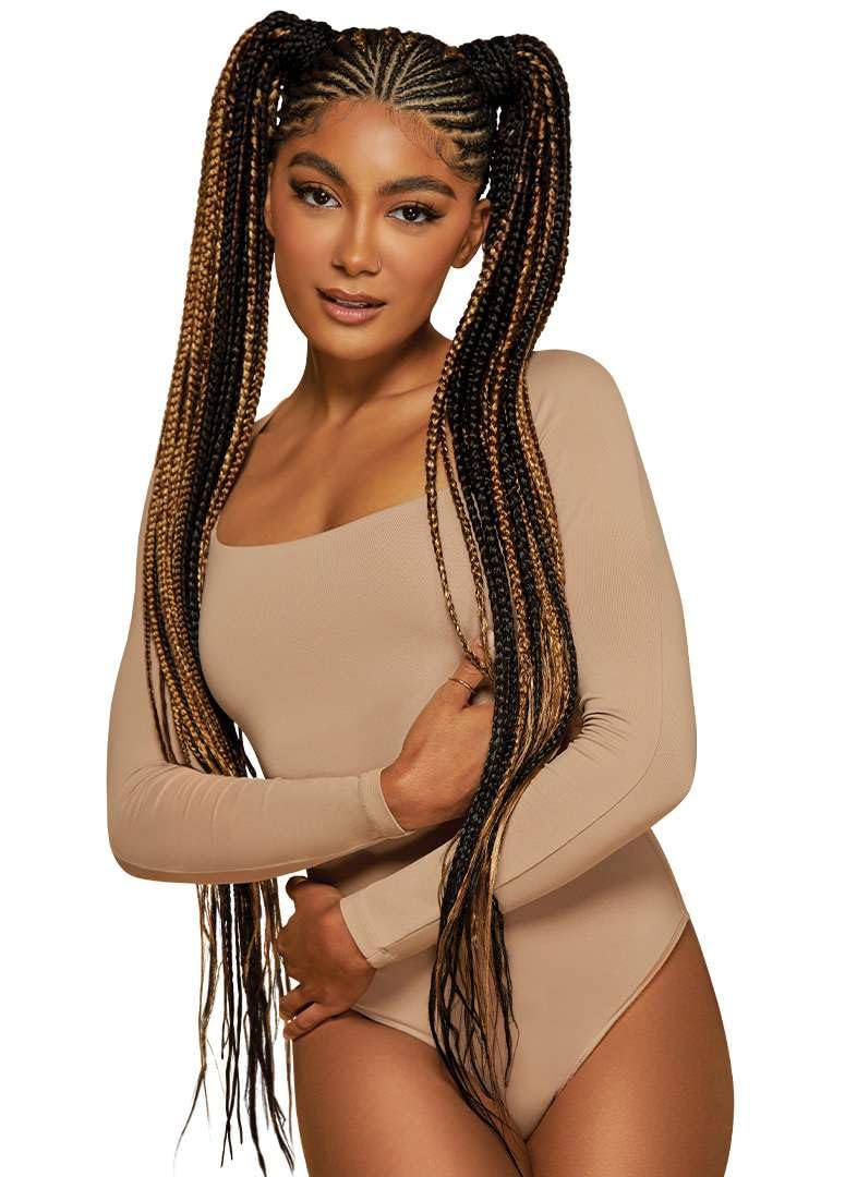 Side angle view of the five pack bundle of Outre X-Pression ultra braid forty two inch length