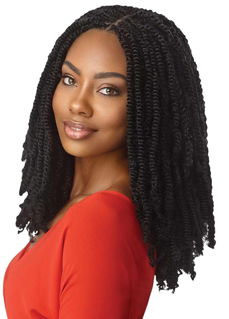 Model showcasing long springy afro twist braids protective style using 1B black synthetic hair