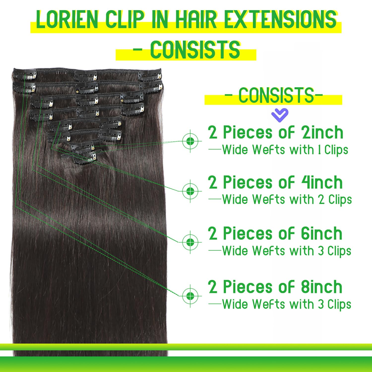 Natural black 18 inch clip on hair pieces layout
