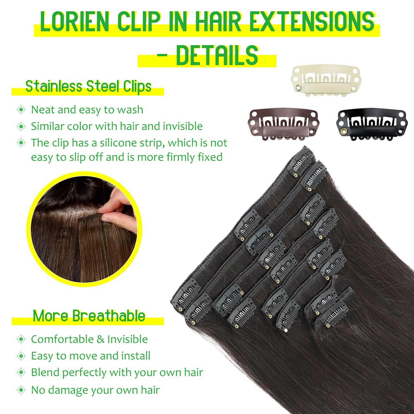 Eight piece human hair extensions set with attached metal clips