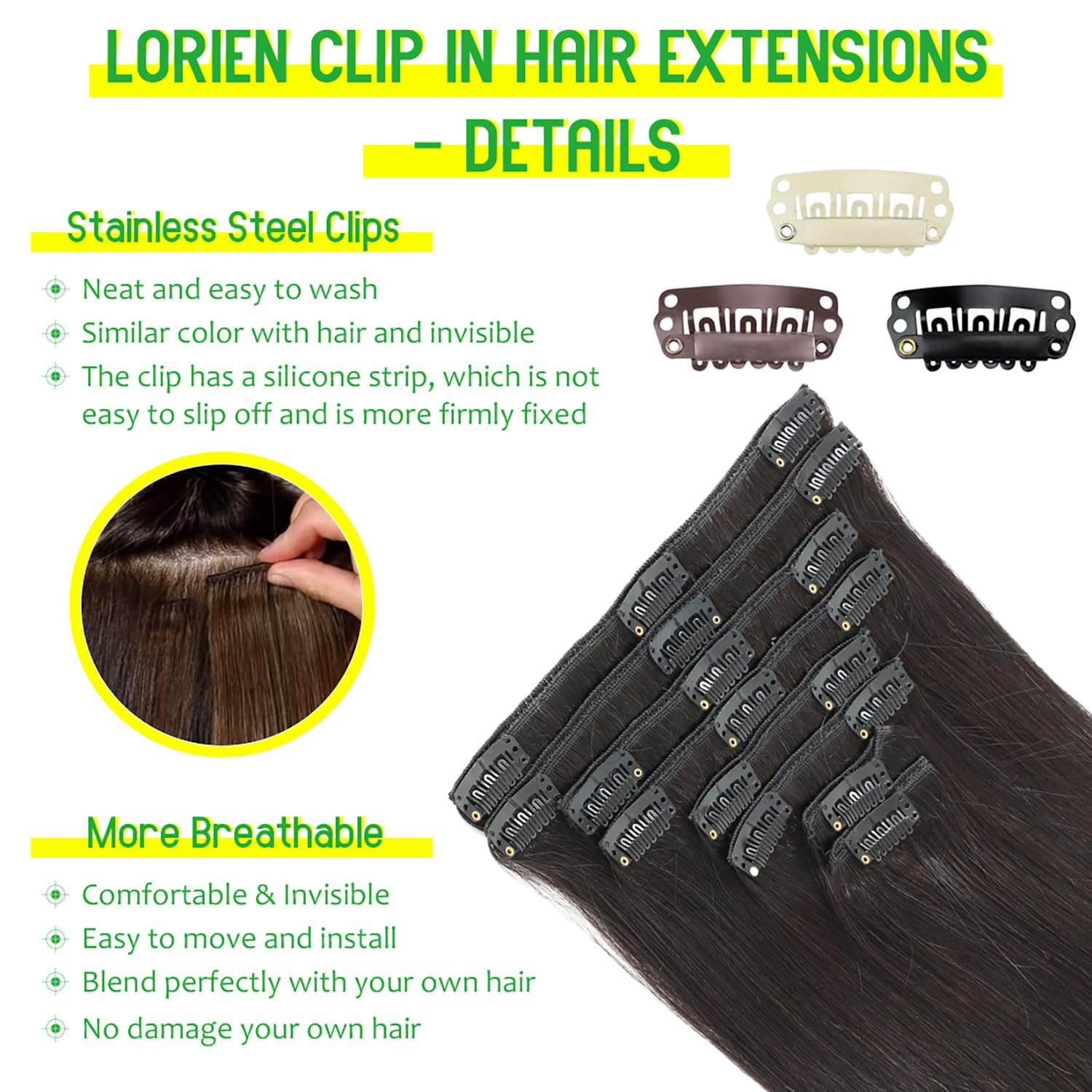 Eight piece human hair extensions set with attached metal clips
