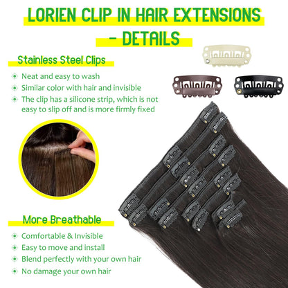 Eight piece human hair extensions set with attached metal clips