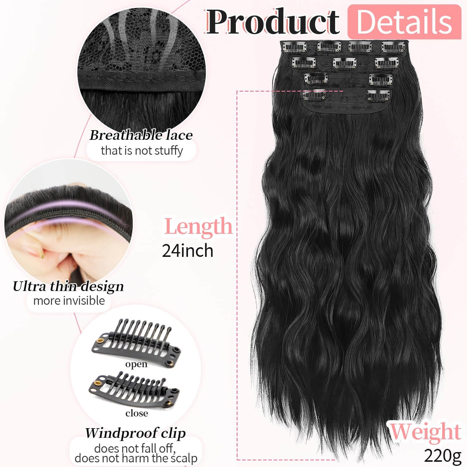 KooKaStyle 24 inch double weft hair extensions showing secure stainless steel clips