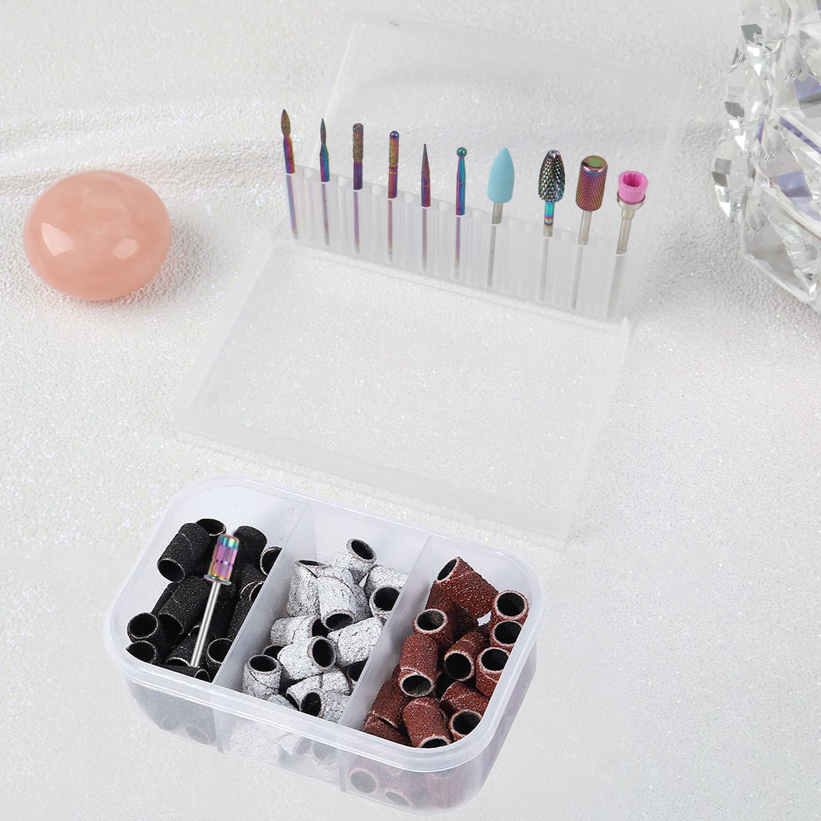 An array of diverse BQAN bits including flame cone needle and barrel shapes designed for precision cuticle work and surface styling