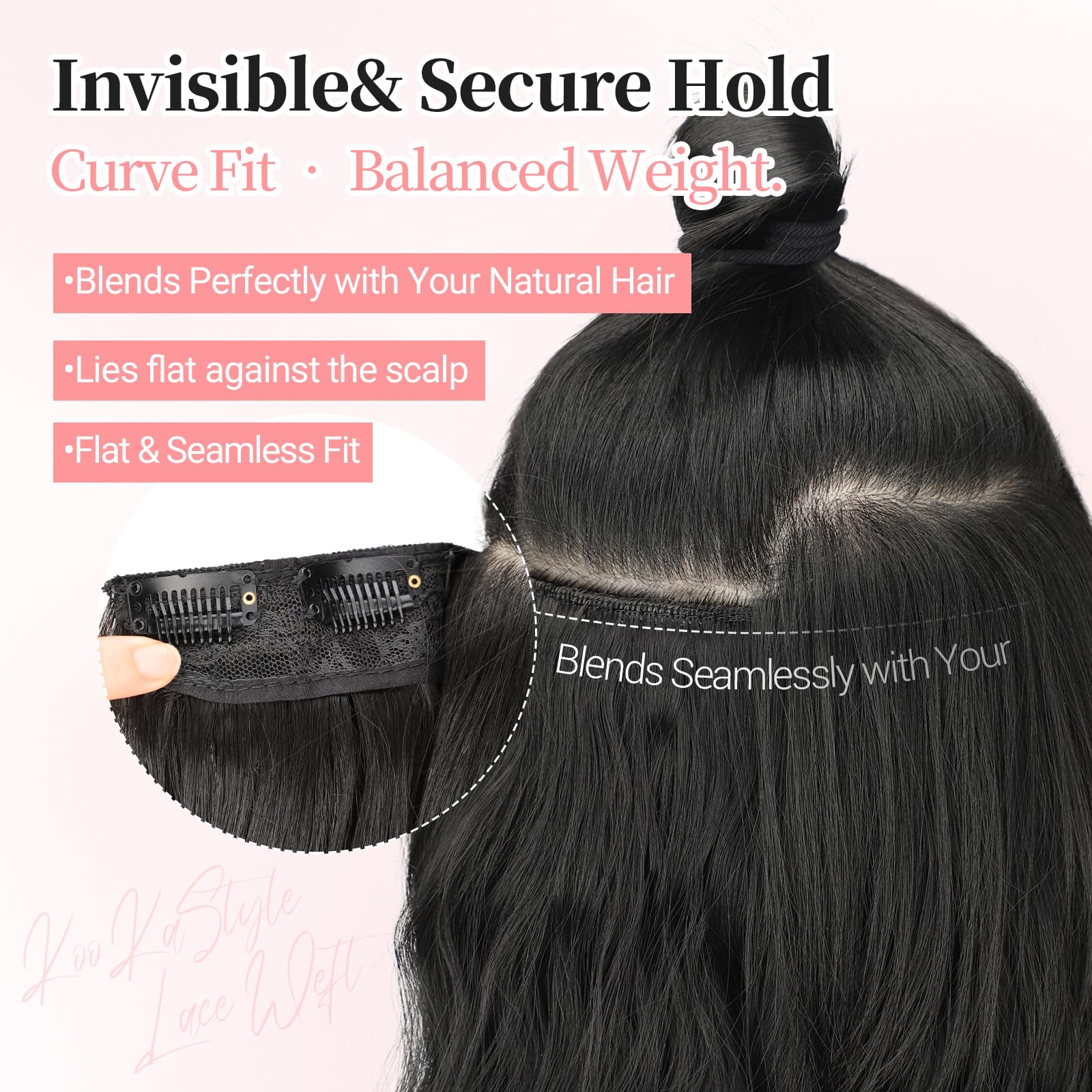 Close up view of premium black synthetic hair fiber with natural wave pattern