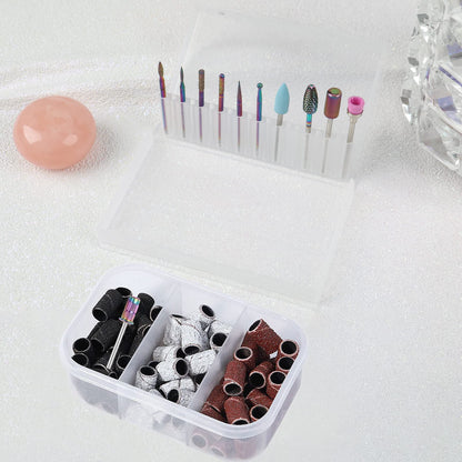 Full packaging of the BQAN ten piece professional manicure kit with its transparent travel compact organizer box and multi color sanders