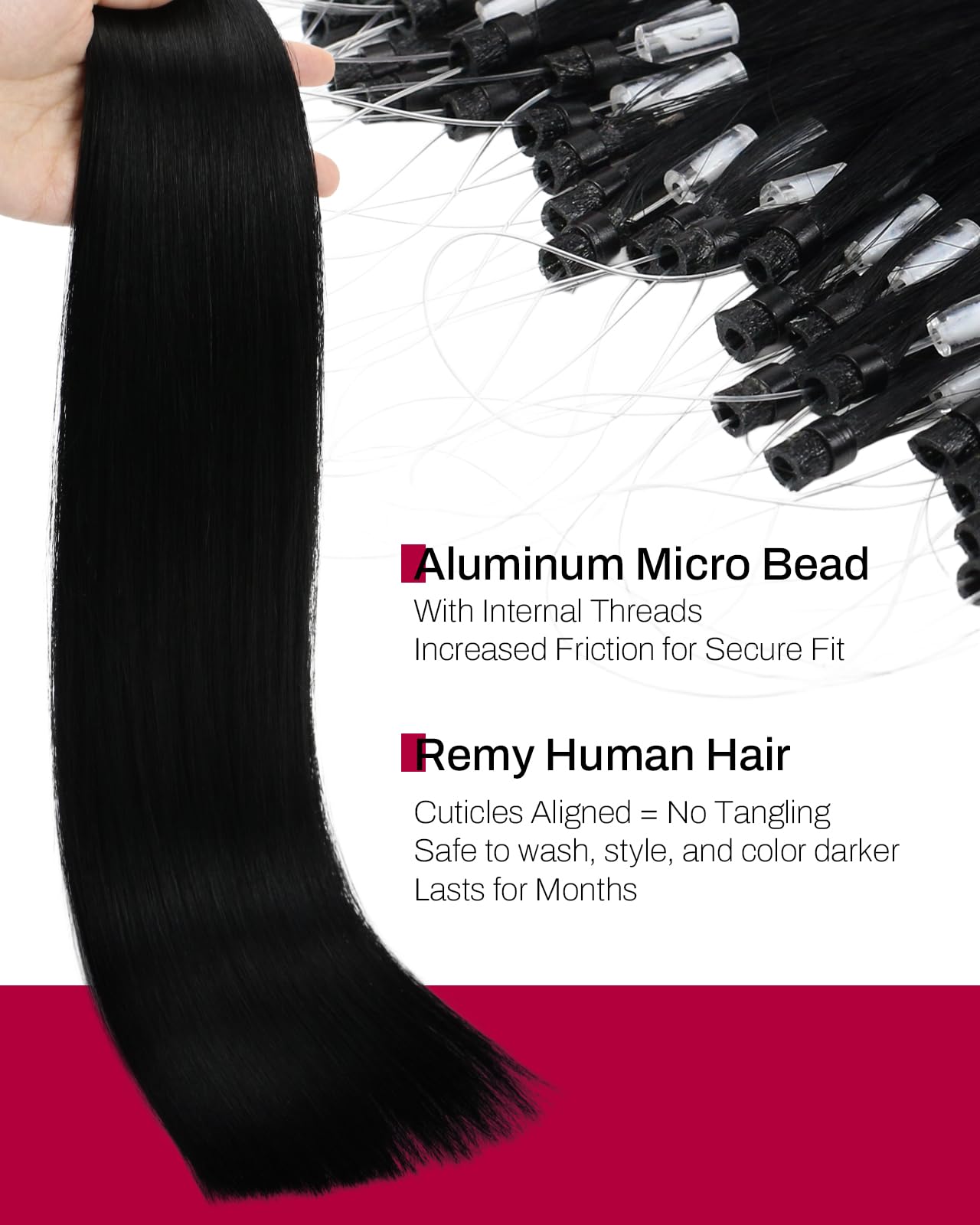 Detailed view of the silicone-lined micro links attached to the 100 percent real human hair