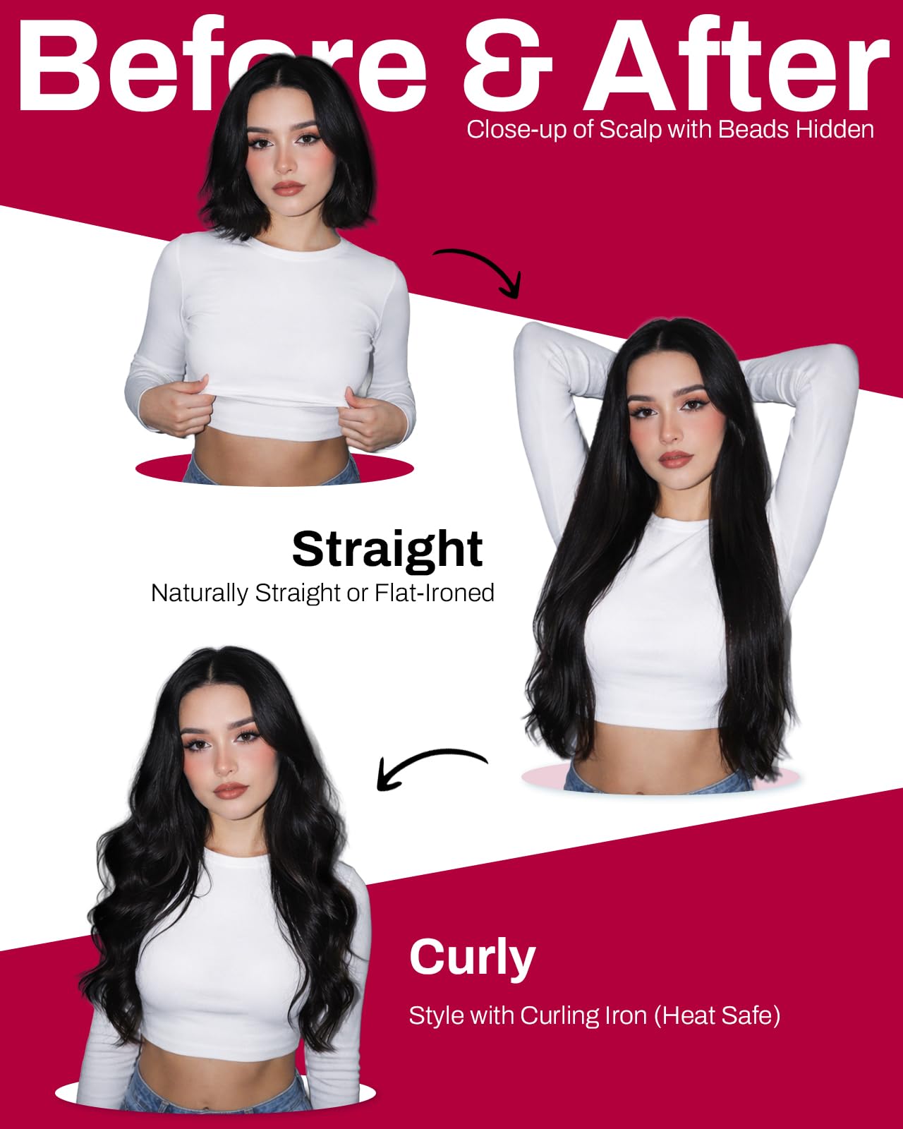 Demonstration of the cold application process for jet black microlink extensions on hair sections